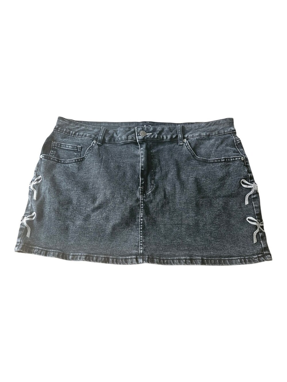Madden NYC Off Black Denim Embroidered Side Bows Mini Skirt Size XL